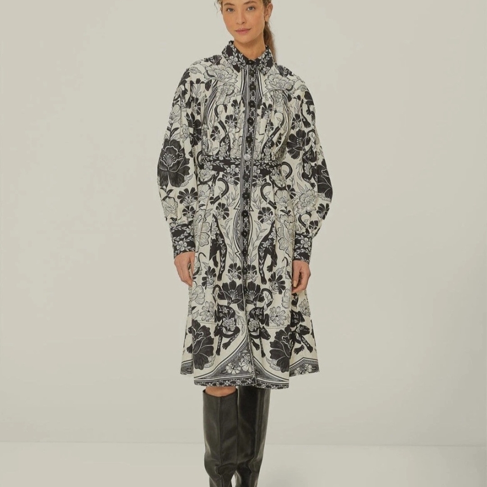 FARM Rio Off-white Flower Leopards Collared Midi Dress - Black & White - Size XS
